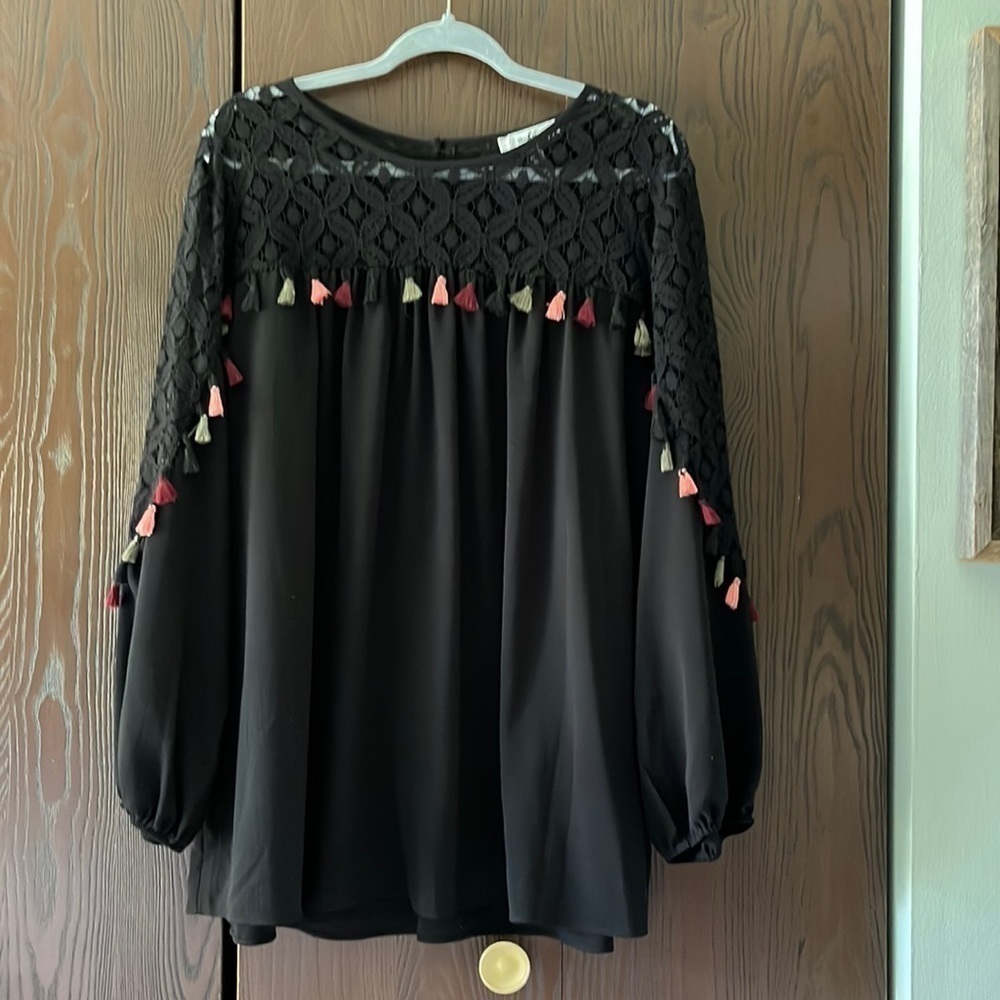 Moa Moa long sleeved lacy top and colored tassels black blouse. Size 3X